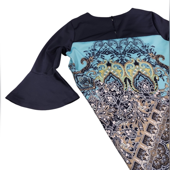 NY &Co Blue paisley print stretch 2in above knee mini dress size L - Picture 7 of 8